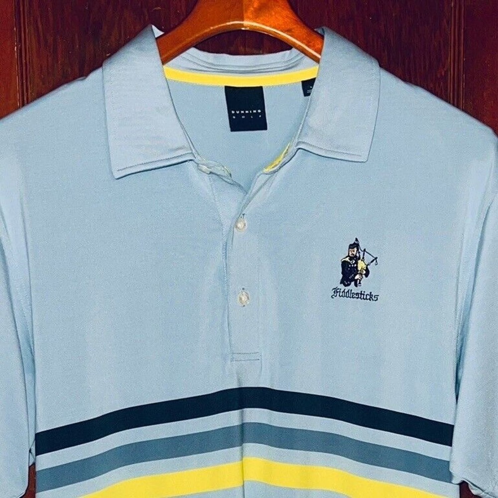 DUNNING BLUE STRETCH PERFORMANCE GOLF POLO SHIRT L FIDDLESTICK CC CREST